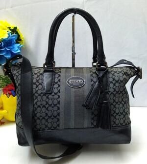 Coach Molly Signature Black Canvas Stripes Top Handles Zipper Satchel Bag